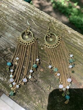 NWOT Gold Fringe Drop Earrings with Blue, Green and White Bead Accents